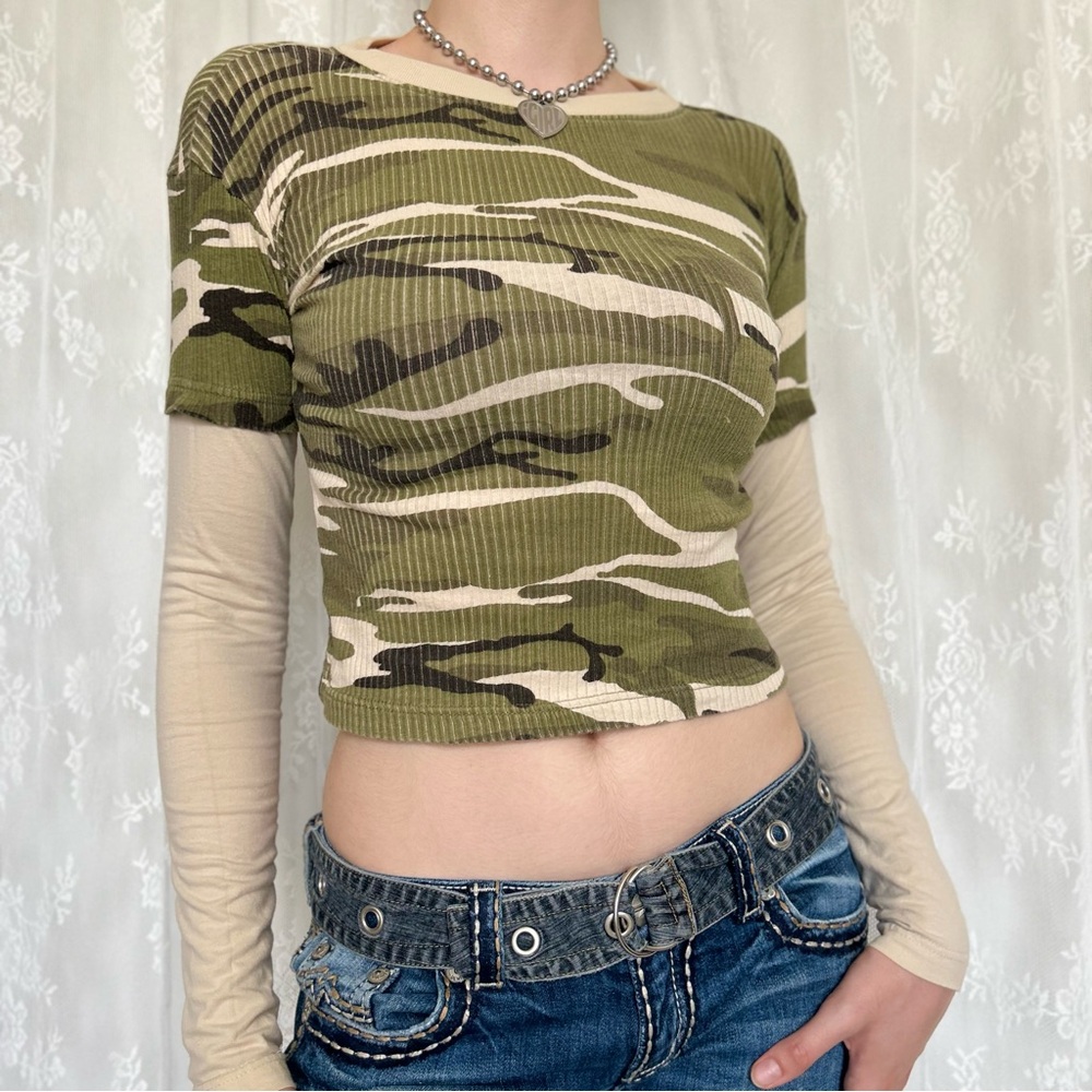 Y2K 2000s Grunge Green Camo Long Sleeve